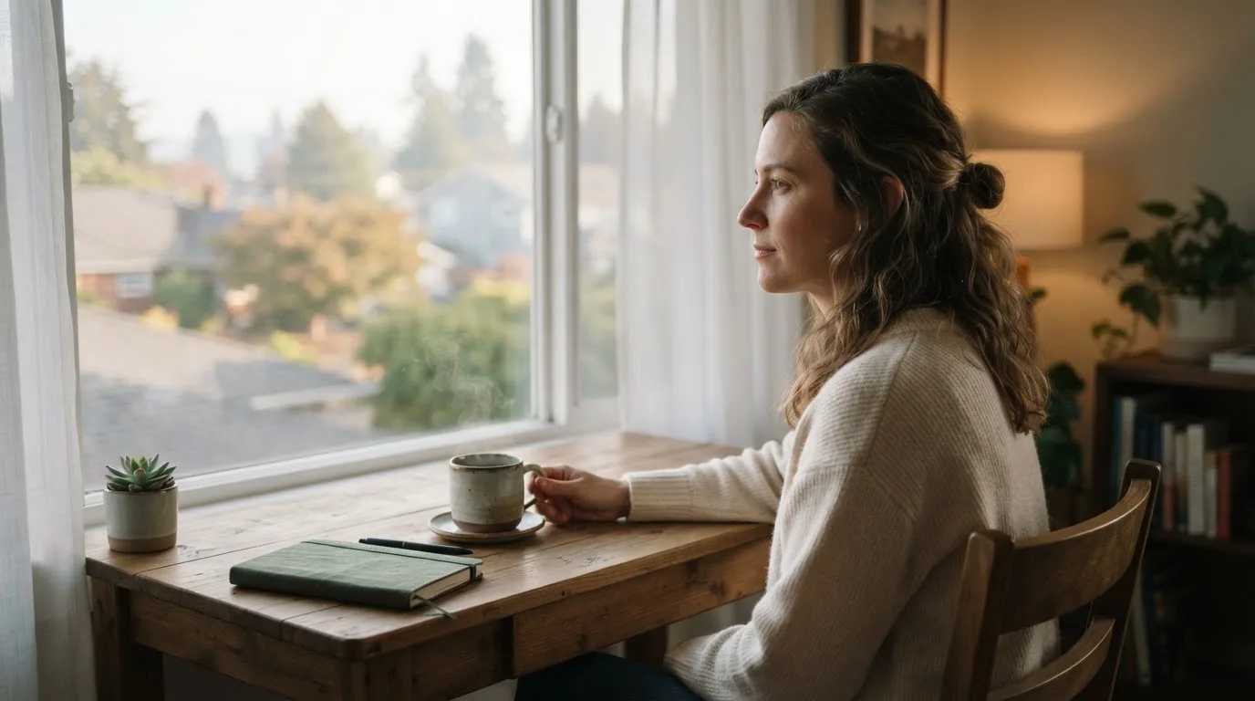 En person sitter vid ett skrivbord hemma med en kopp kaffe och tittar ut genom fönstret i mjukt morgonljus.