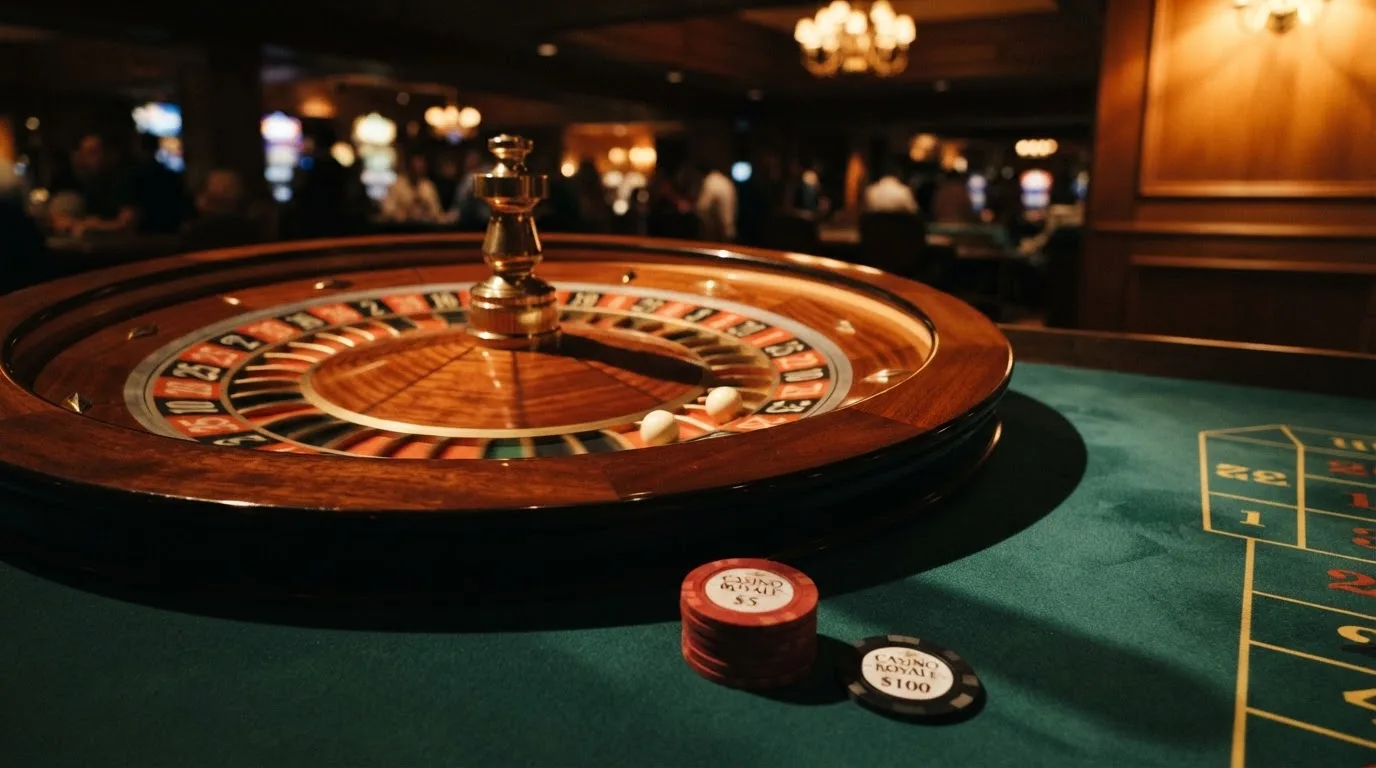 Roulettehjul och spelmarker på grön filt i varmt kvällsljus — 10 euro casino i sverige