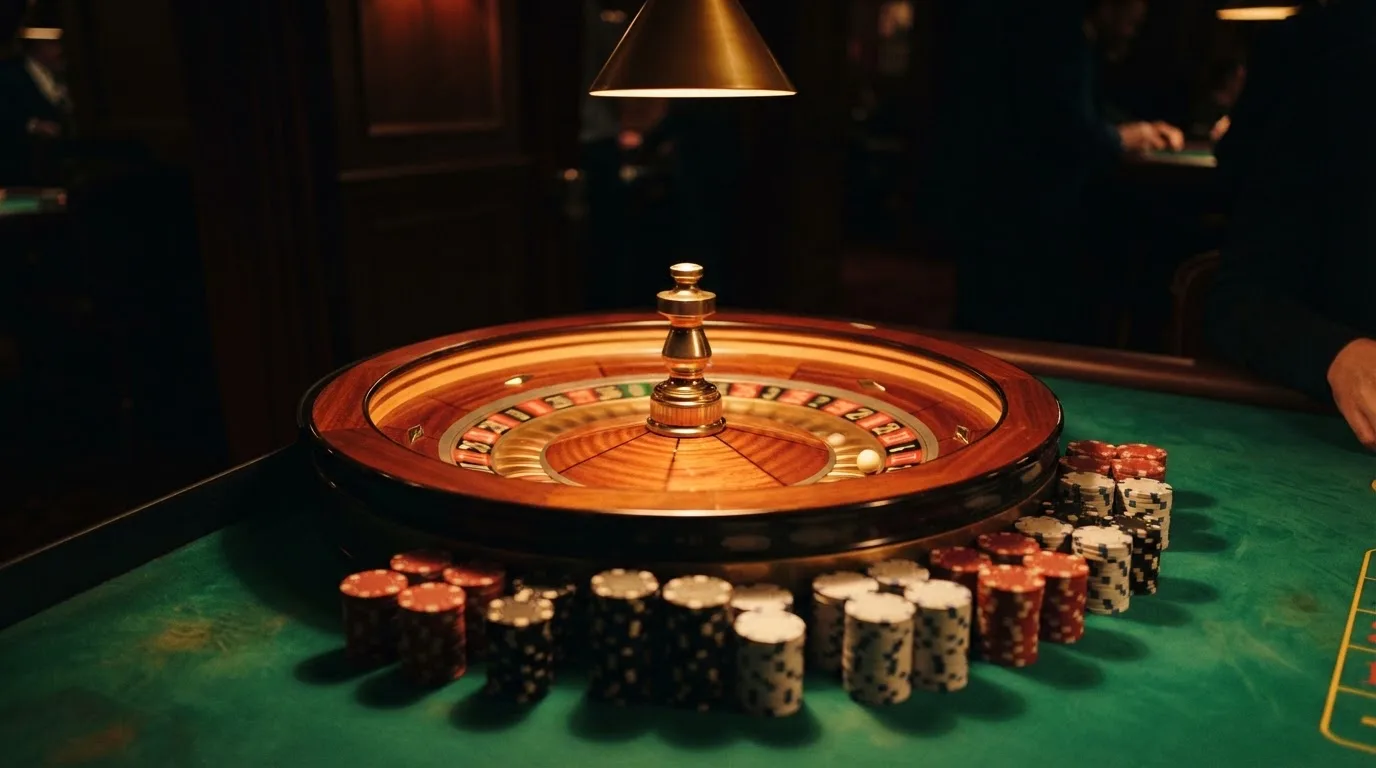 Roulettehjul och spelmarker på grön filt i varmt kvällsljus — 10 free spins casino i sverige