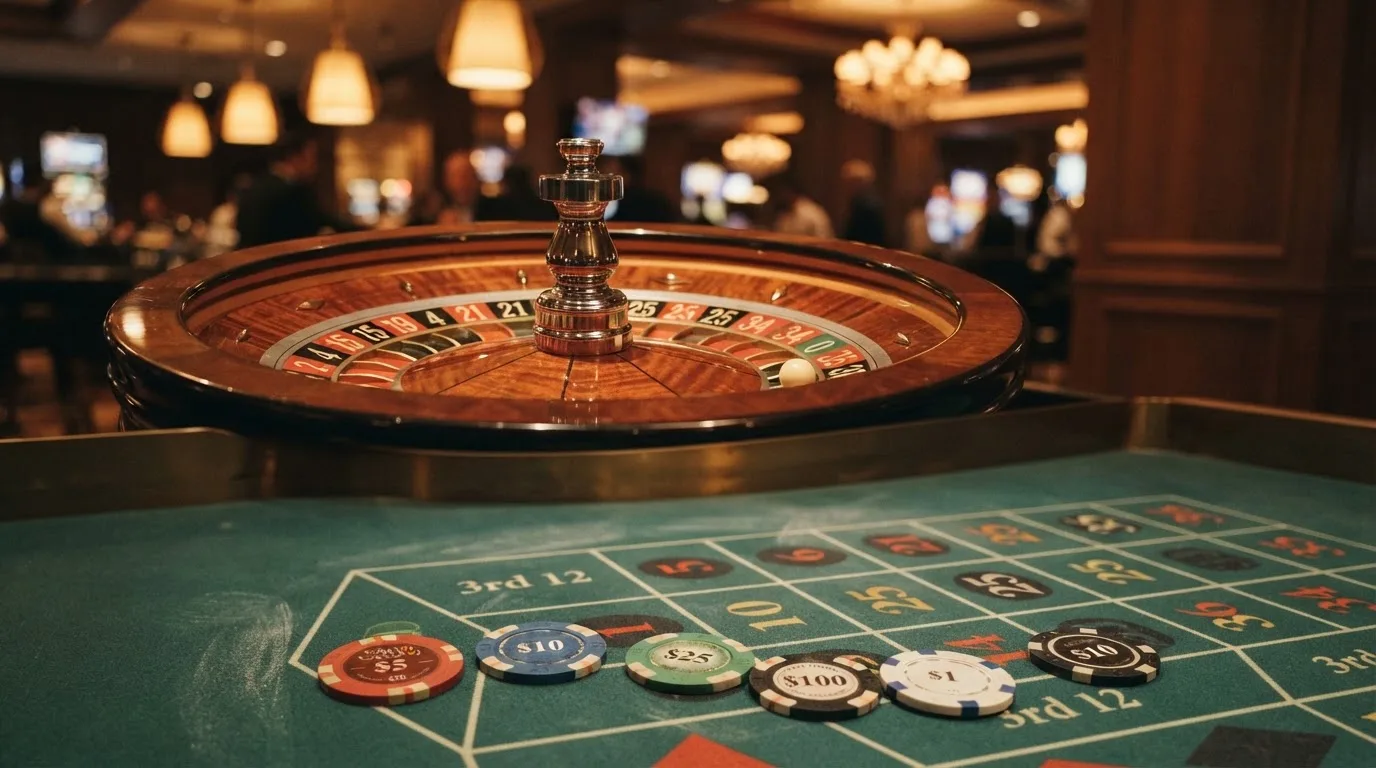 Roulettehjul och spelmarker på grön filt i varmt kvällsljus — 10 kr casino i sverige