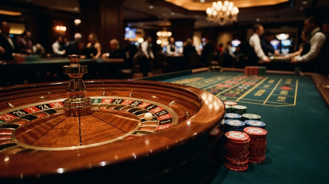 Roulettehjul och spelmarker på grön filt i varmt kvällsljus — 100 euro casino i sverige