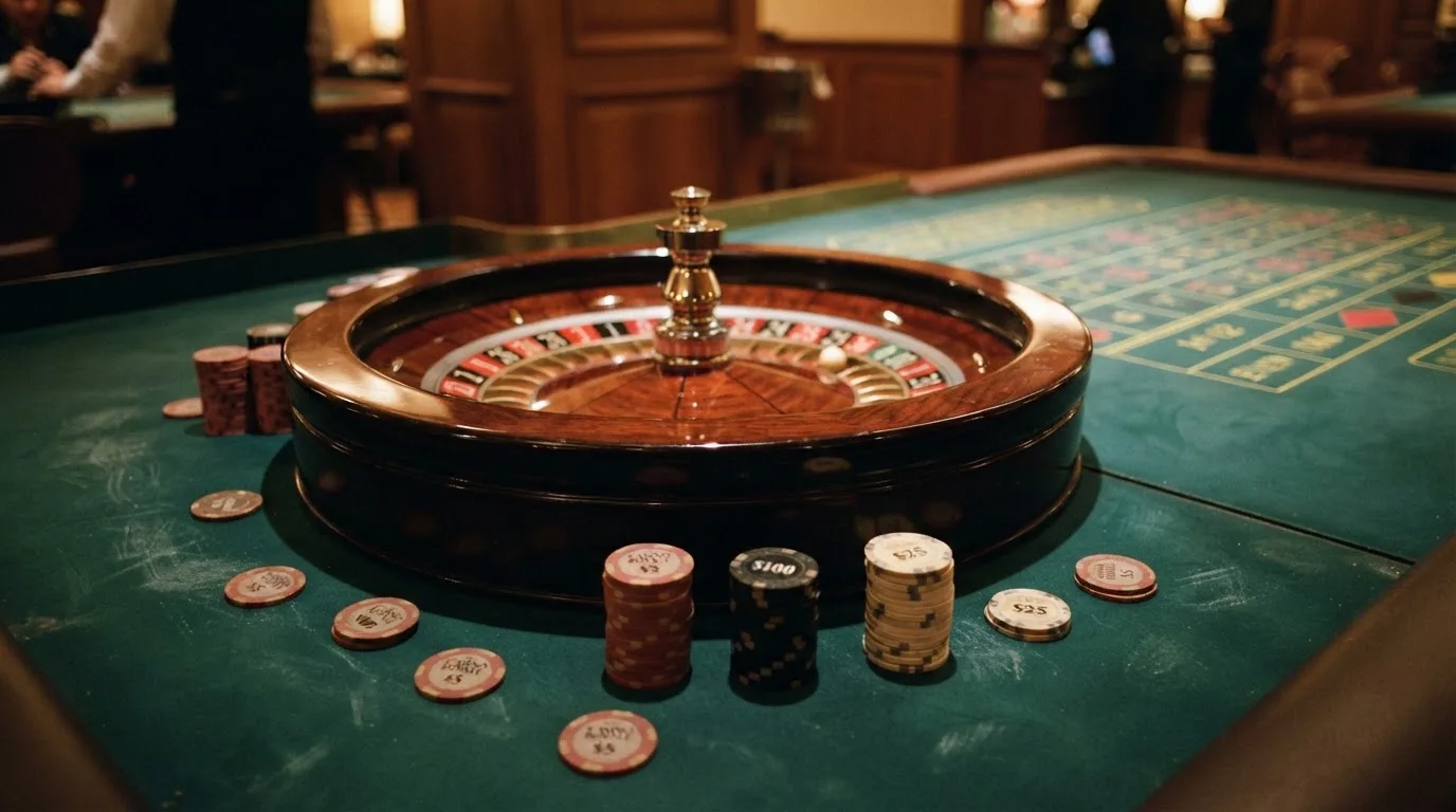Roulettehjul och spelmarker på grön filt i varmt kvällsljus — 100 free spins casino i sverige