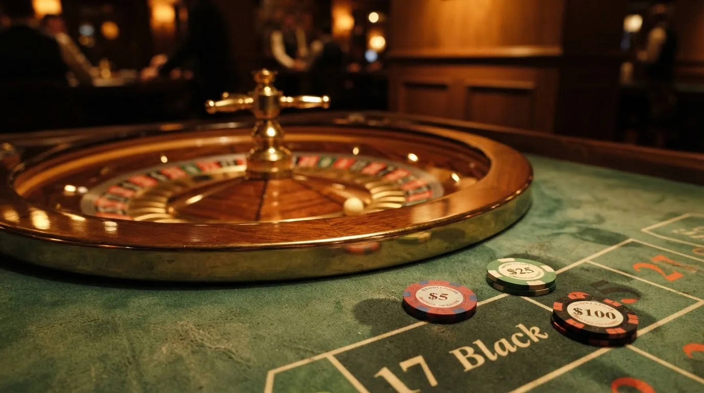 Roulettehjul och spelmarker på grön filt i varmt kvällsljus — 150 free spins casino i sverige