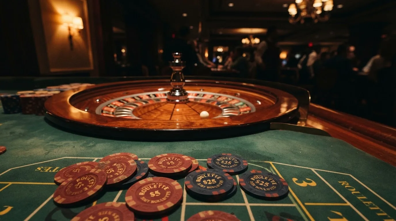 Roulettehjul och spelmarker på grön filt i varmt kvällsljus — bästa blackjack i sverige