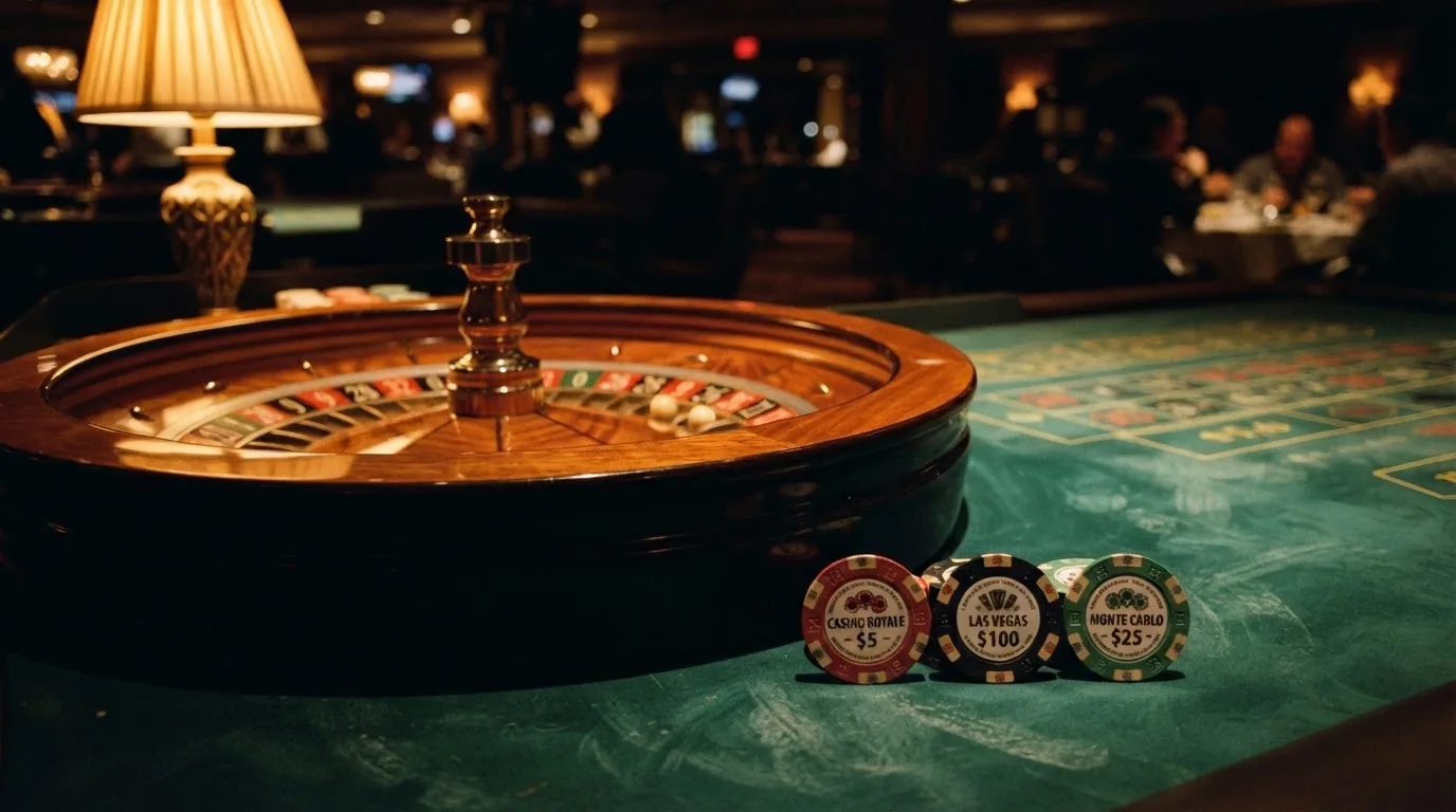 Roulettehjul och spelmarker på grön filt i varmt kvällsljus — blackjack gratis i sverige