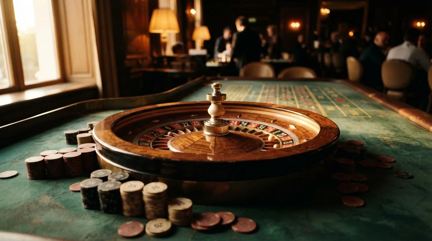 Roulettehjul och spelmarker på grön filt i varmt kvällsljus — blackjack med live dealer i sverige