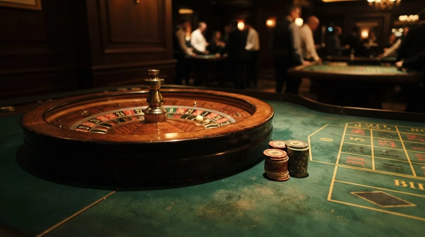 Roulettehjul och spelmarker på grön filt i varmt kvällsljus — blackjack på nätet i sverige