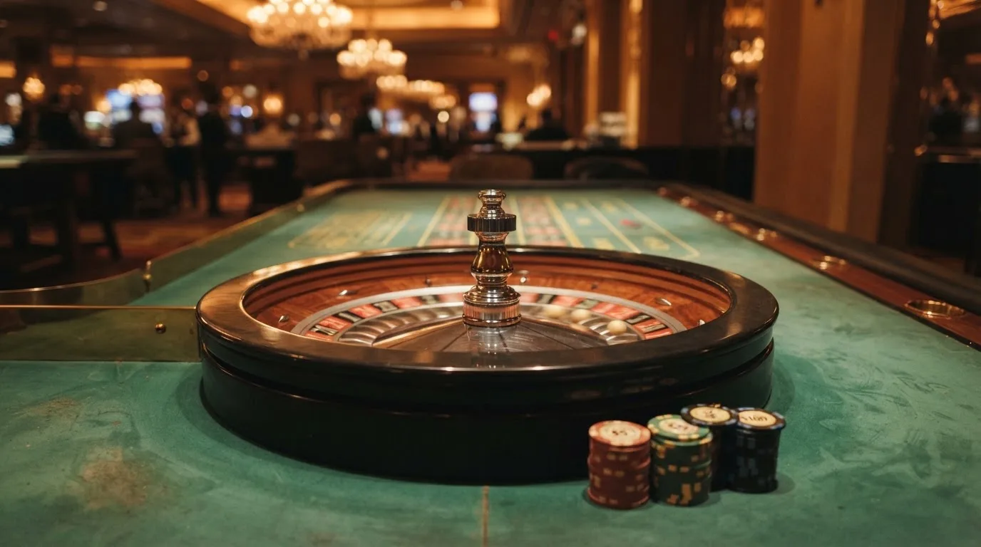 Roulettehjul och spelmarker på grön filt i varmt kvällsljus — bra svenska casinon