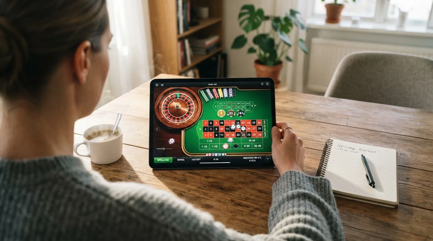 En person sitter vid ett skrivbord hemma med en surfplatta nedvänd bredvid en kopp kaffe i morgonljus.