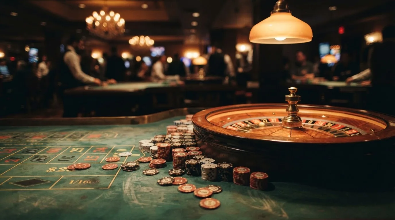 Roulettehjul och spelmarker på grön filt i varmt kvällsljus — casino regler för svenskar