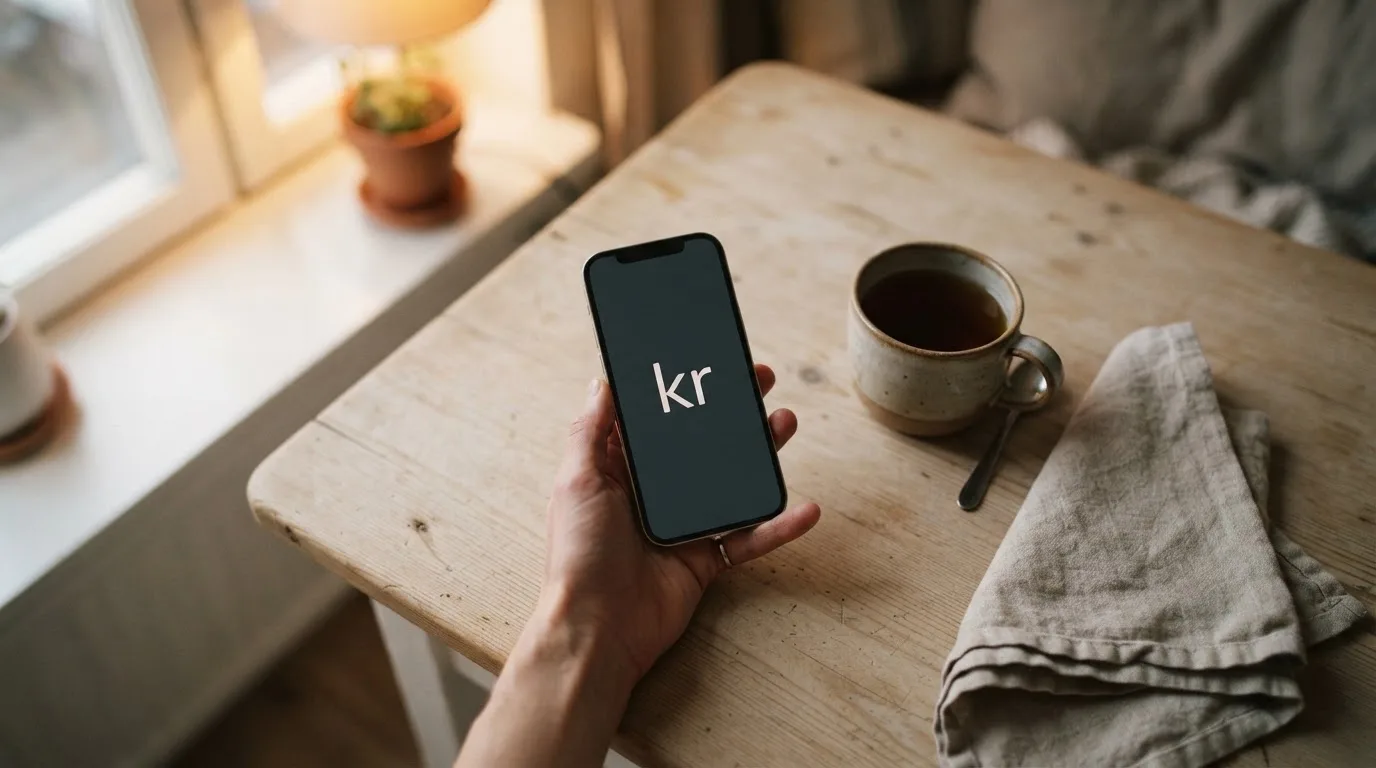 Hand håller en mobiltelefon bredvid en kopp te vid ett köksbord en lugn kväll — casino regler för svenskar