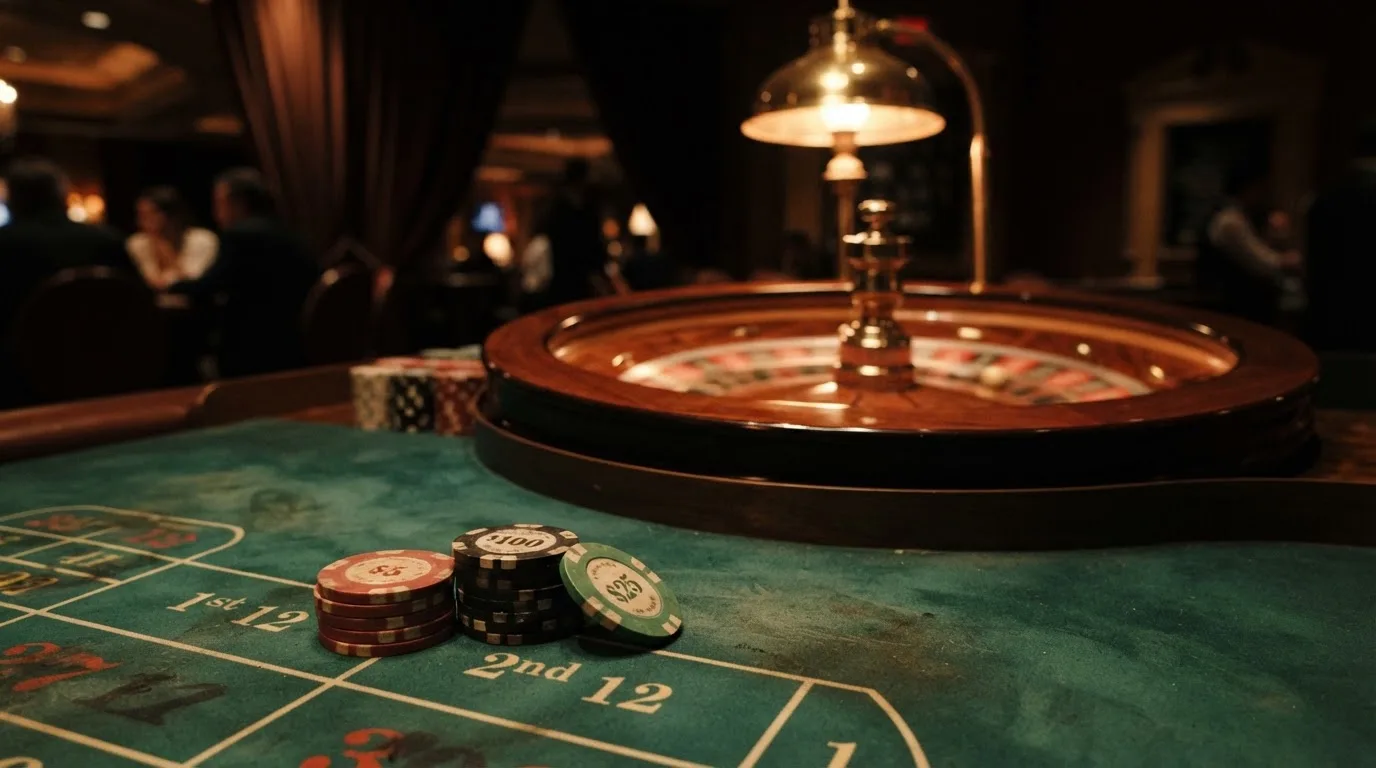 Roulettehjul och spelmarker på grön filt i varmt kvällsljus — casinon med bankid i sverige
