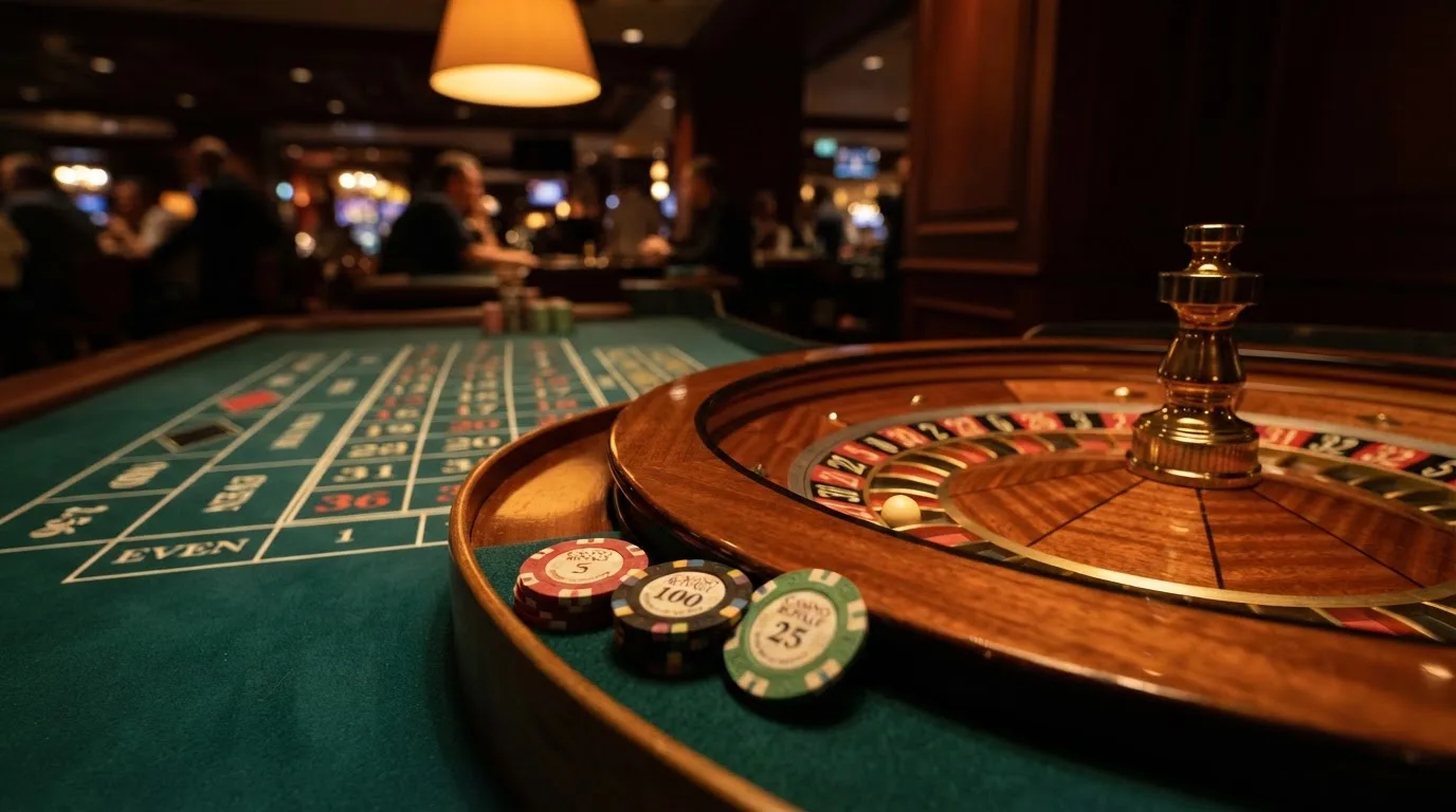Roulettehjul och spelmarker på grön filt i varmt kvällsljus — casinon med curaçao licens