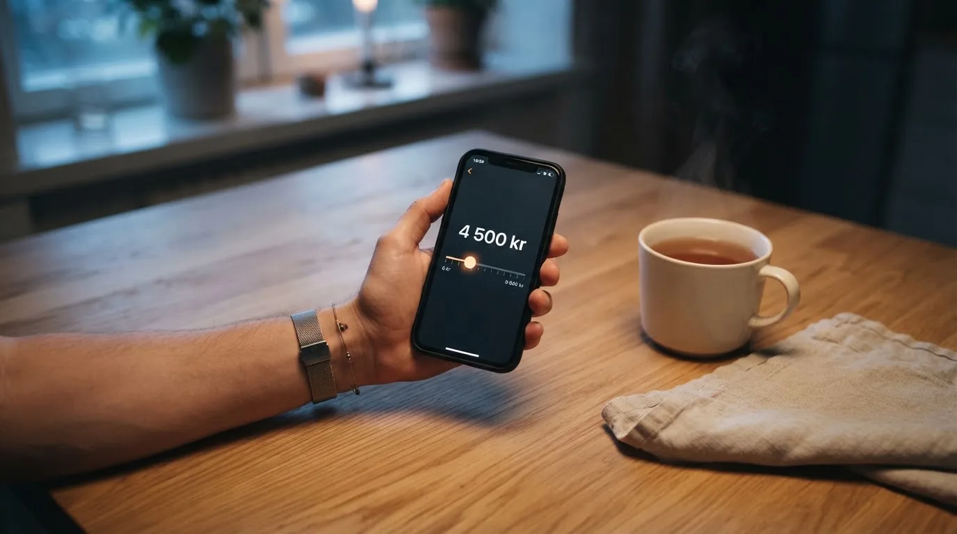 Hand håller en mobiltelefon bredvid en kopp te vid ett köksbord en lugn kväll — casinon med curaçao licens