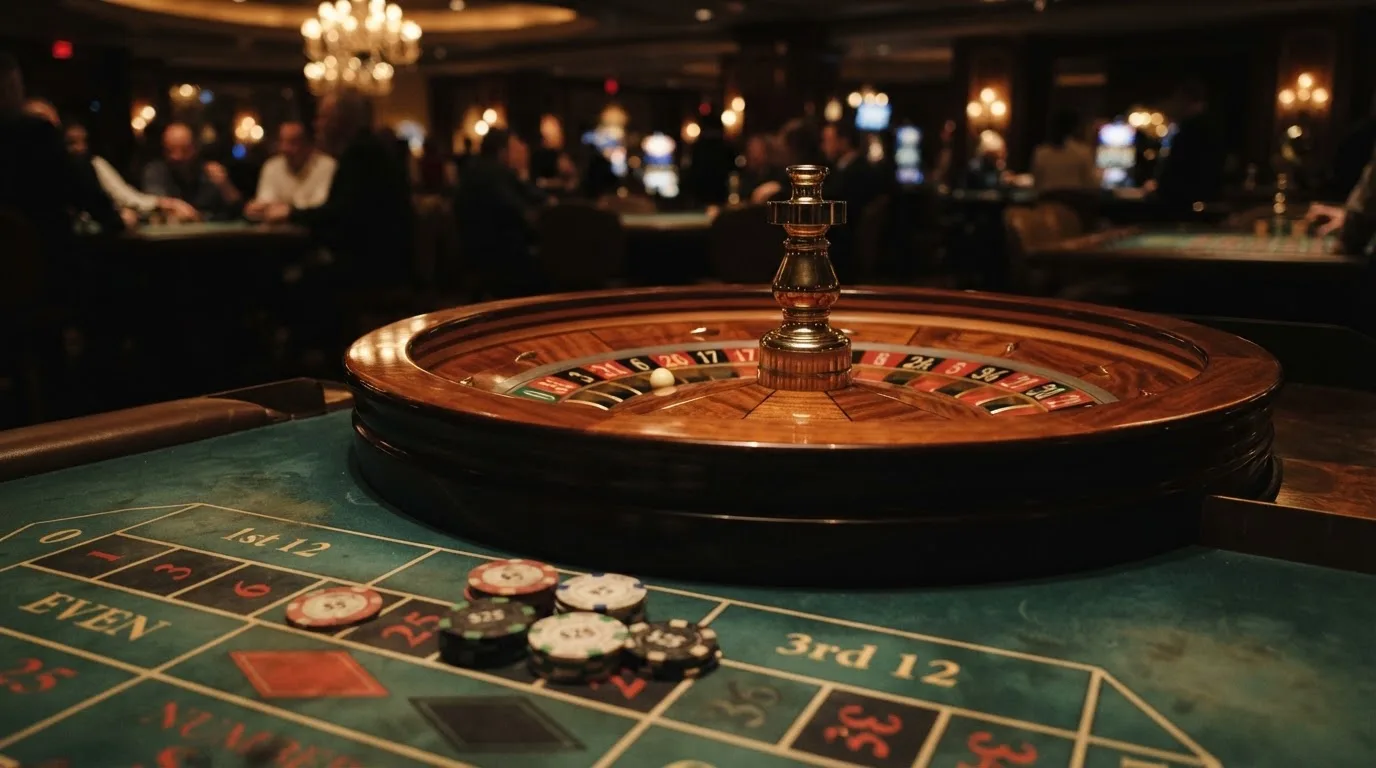 Roulettehjul och spelmarker på grön filt i varmt kvällsljus — casinon med jackpot i sverige