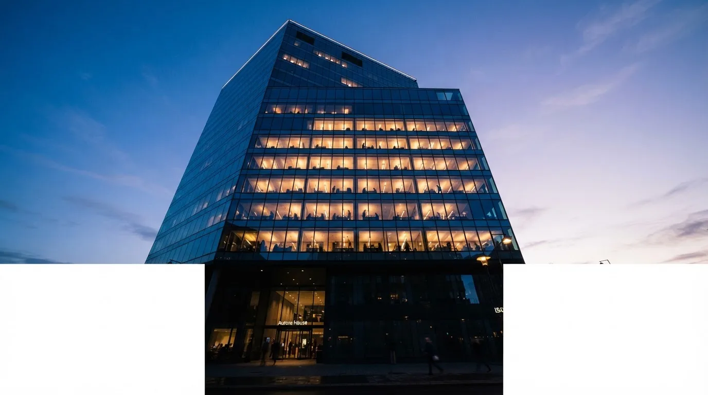 En modern kontorsbyggnad fotograferad underifrån i skymning med tända fönster mot en klarblå himmel.