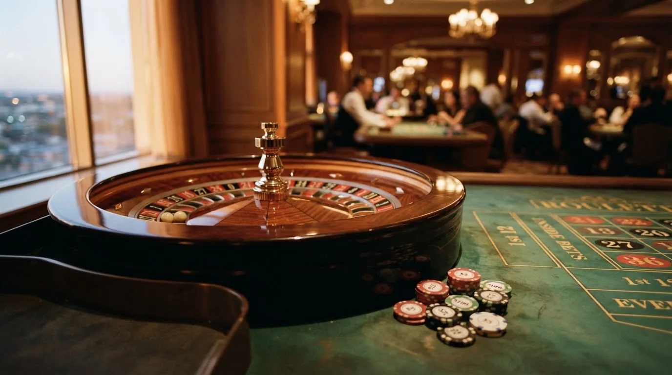 Roulettehjul och spelmarker på grön filt i varmt kvällsljus — casinon med slots i sverige