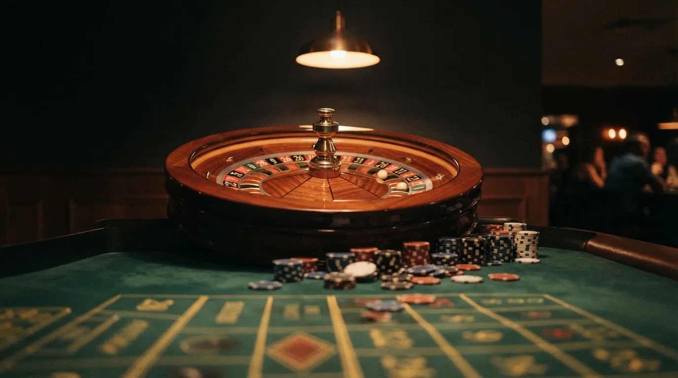 Roulettehjul och spelmarker på grön filt i varmt kvällsljus — casinon med uttag i sverige