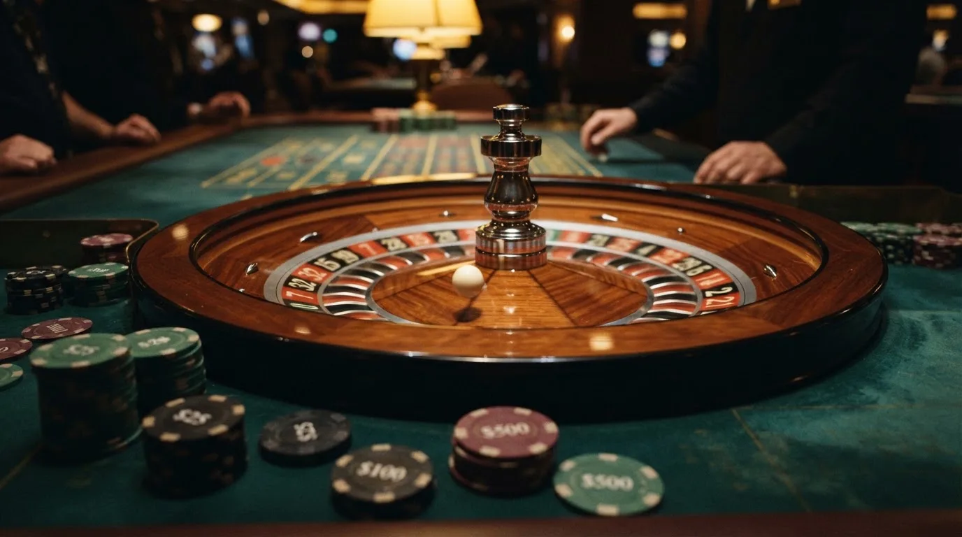 Roulettehjul och spelmarker på grön filt i varmt kvällsljus — casinon utan bankid i sverige