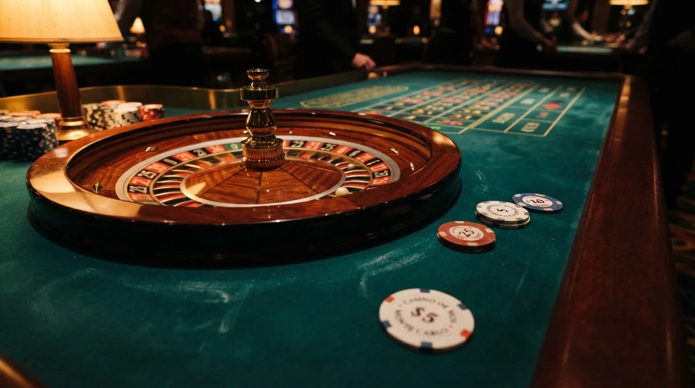 Roulettehjul och spelmarker på grön filt i varmt kvällsljus — casinon utan spelgräns i sverige