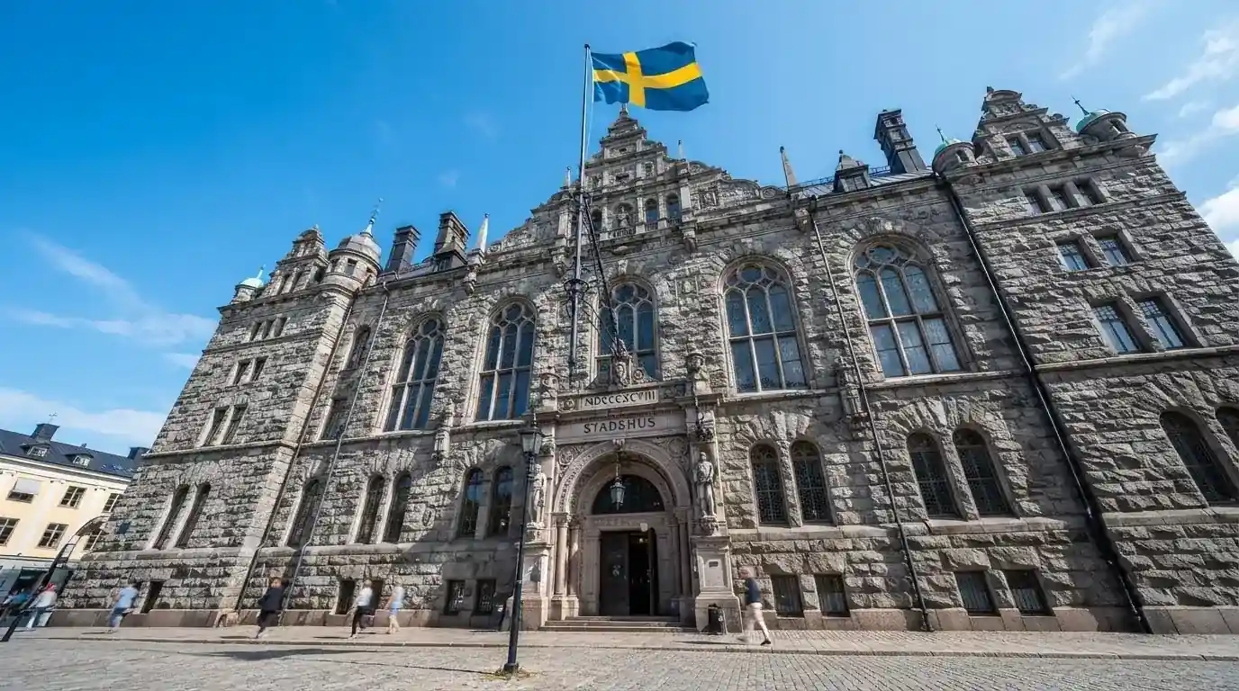 Ett gammalt stadshus i sten fotograferat underifrån mot en klarblå himmel, med den svenska flaggan som fladdrar ovanför entrén.