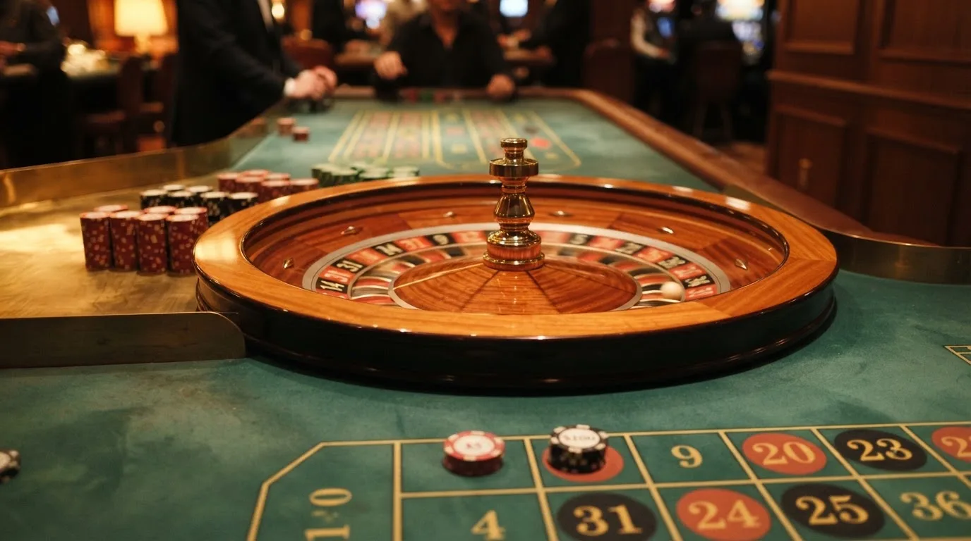 Roulettehjul och spelmarker på grön filt i varmt kvällsljus — lightning roulette i sverige