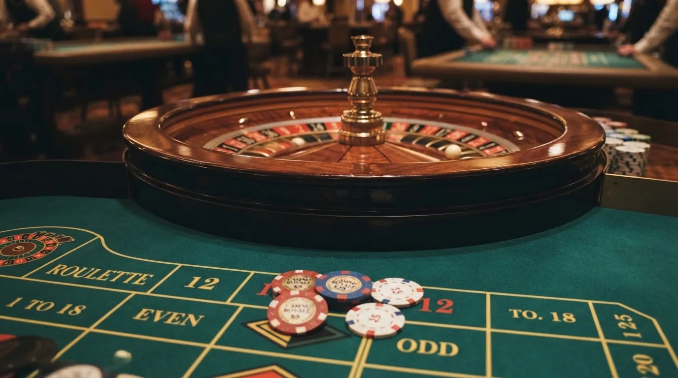 Roulettehjul och spelmarker på grön filt i varmt kvällsljus — svenska casinon med bitcoin