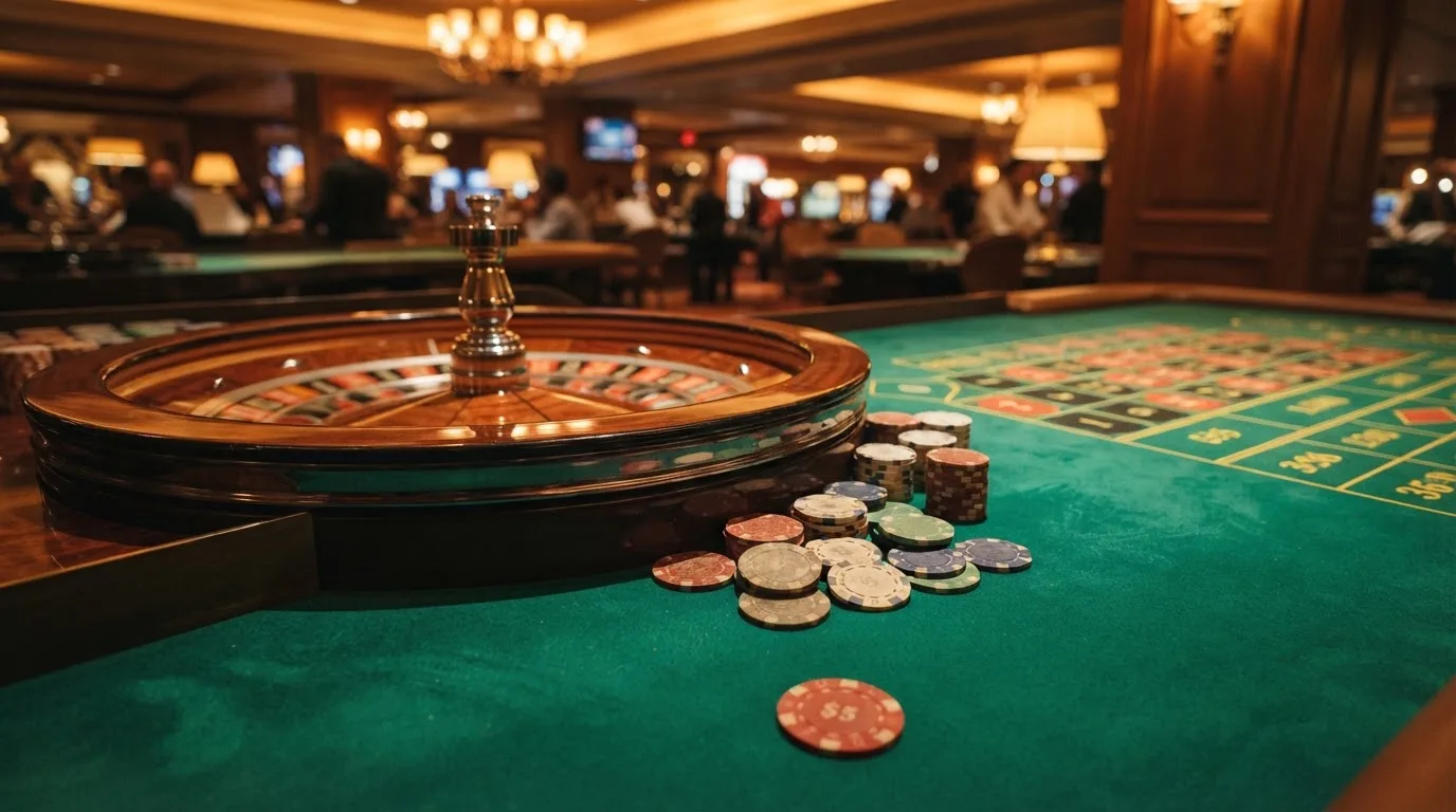 Roulettehjul och spelmarker på grön filt i varmt kvällsljus — svenska casinon med dogecoin