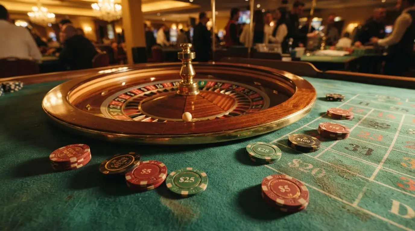 Roulettehjul och spelmarker på grön filt i varmt kvällsljus — svenska casinon på android